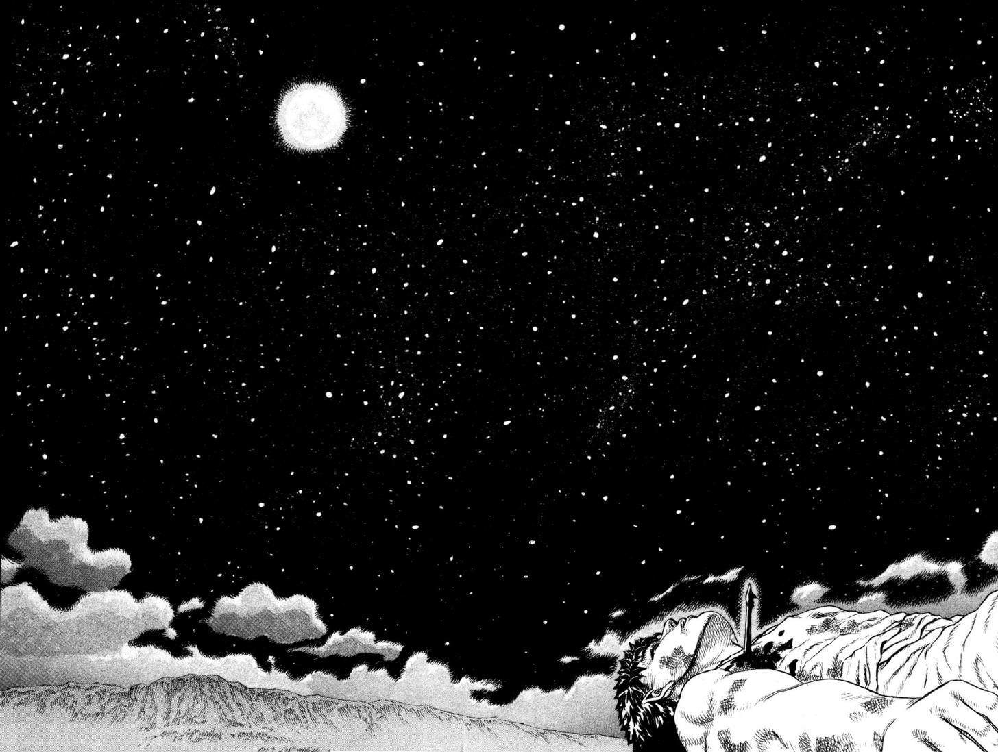 A panel from the manga of the main character Guts in the bottom right corner laying on the ground, injured and looking up at the stars.